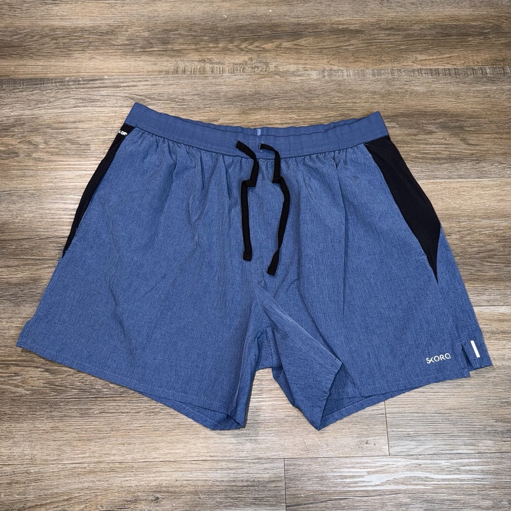 Skora Qwick Dry Athletic Shorts Mens M Blue Chambray Fabric Black Side Panels